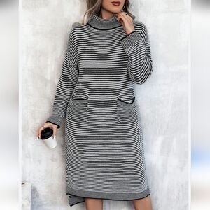 Shein Relaxiva Black and White Striped Turtleneck Sweater Dress Size Large